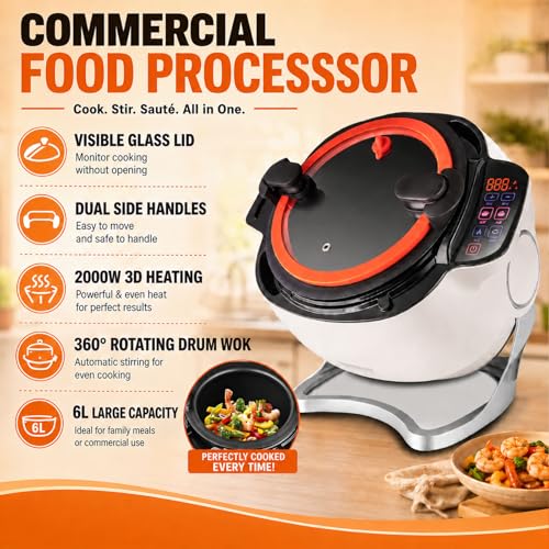 2000w Commercial Food Processor,Automatic Cooking Machine,360° Automatic Stir Fry Pot,6l Non-Stick Drum Wok,Glass Lid,Dual Handles,Auto-Stirring,For Fried Rice,Soup,Home Kitchen