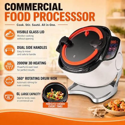 2000w Commercial Food Processor,Automatic Cooking Machine,360° Automatic Stir Fry Pot,6l Non-Stick Drum Wok,Glass Lid,Dual Handles,Auto-Stirring,For Fried Rice,Soup,Home Kitchen