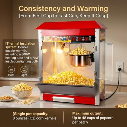 Movie Popcorn Machine, 1300W Commercial Popcorn Maker with 8 Oz Kettle, Stainless Steel Countertop Popcorn Popper, Theater Style for Home & Concession Stands