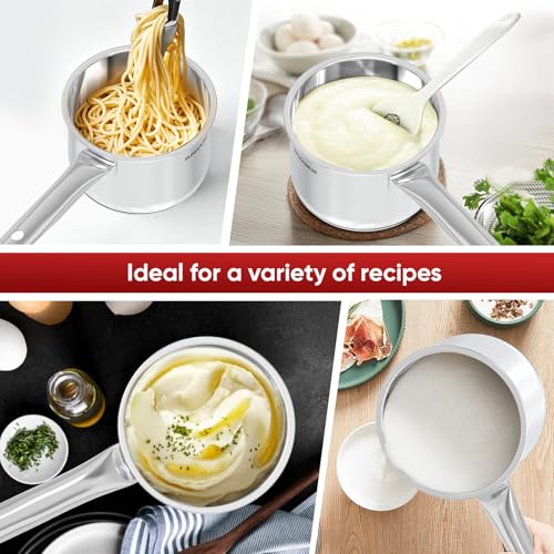 Sunhouse 1.5 QT Stainless Steel Sauce Pan with Lid, Small Pot for Cooking, PFOA-Free, Advanced Impact Bonding Induction Base Mini Saucepan, Compatible with Induction, Ceramic, Gas