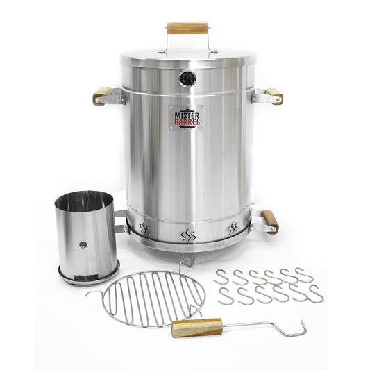 Large Charcoal Grill & BBQ Smoker Mister Barrel | Portable option | Stainless Steel BBQ for Indoors & Outdoors | serves up to 20 people | Includes 15 Hooks, 1 Hook Remover and 1 top.