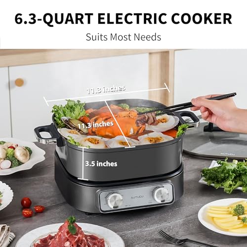 6-Quart Electric Skillet, Hot Pot | Non-Stick PFOA-Free Ceramic-Coated Pot, 1600W, Timer & 3 Power Settings for Steak, Egg, Ramen, Nonstick Pot