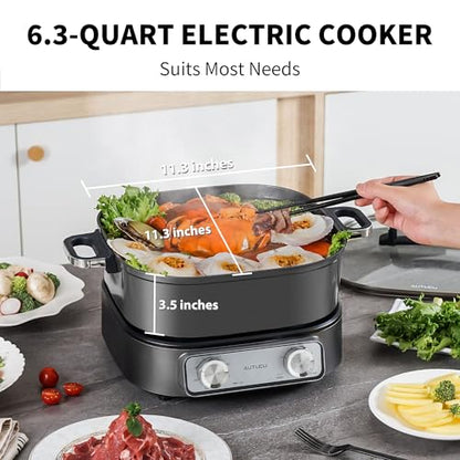 6-Quart Electric Skillet, Hot Pot | Non-Stick PFOA-Free Ceramic-Coated Pot, 1600W, Timer & 3 Power Settings for Steak, Egg, Ramen, Nonstick Pot