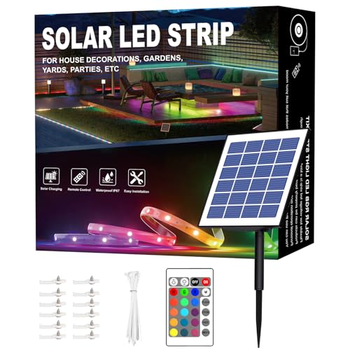 Meewata 50ft RGBCW Outdoor Led Strip Lights Waterproof, Solar Led Strip Lights Outdoor with Self-Adhesive, Auto On/Off 16 Colors and 4 Modes with Remote Timer Great for Patio, Pathway Decor