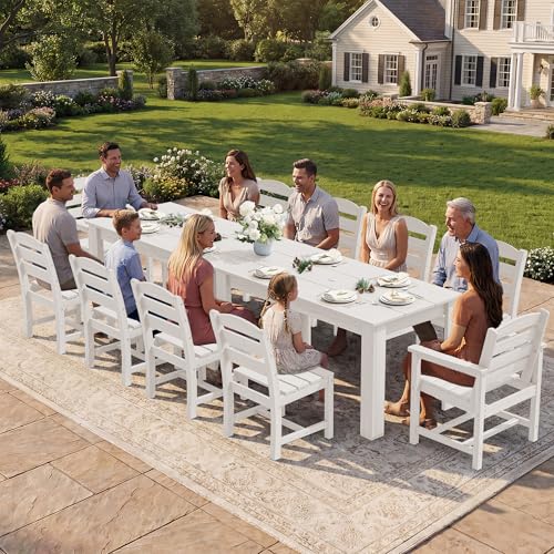 SERWALL Outdoor Dining Sets for 10, HDPE Dining Sets for 10 Person with 2 Tables and 8 Armless Chairs and 2 Armchairs, Patio Dining Sets for Garden, Backyard, Poolside, White