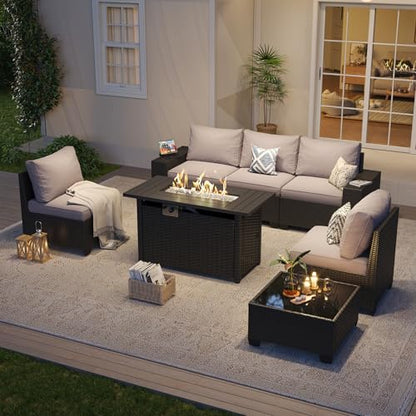 Aoxun Outdoor Patio Furniture Set with 44'' Fire Pit Table, 7 Pcs Outdoor Sectional with 4in Thicken Cushion, Widen Armrests Wicker for Backyard, Grey