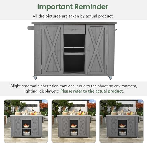 P PURLOVE Outdoor Kitchen Island with Stainless Steel Top and Ample Storage Space, Fir Wood Kitchen Cabinet with Towel, Spice Racks and a Bottle Opener for Outdoor, Grey