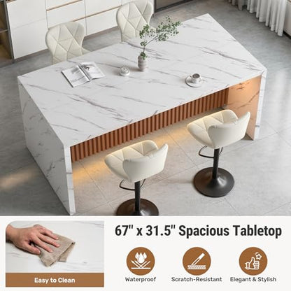 67" Kitchen Island Table with Faux Marble Top, Counter Height Dining Table for Kitchen, Modern Island Table with Fluted Base, Seats 4