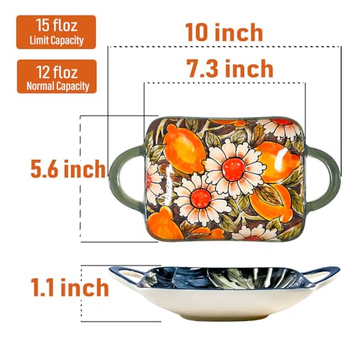 Ceramic Small Baking Dishes Set of 2 Rectangular Casserole Dish with Handles 12 oz Mini Bakeware for Oven to Table Appetizers Dips Snacks Dessert Gratin Dishes Serving Plates Two Different Patterns