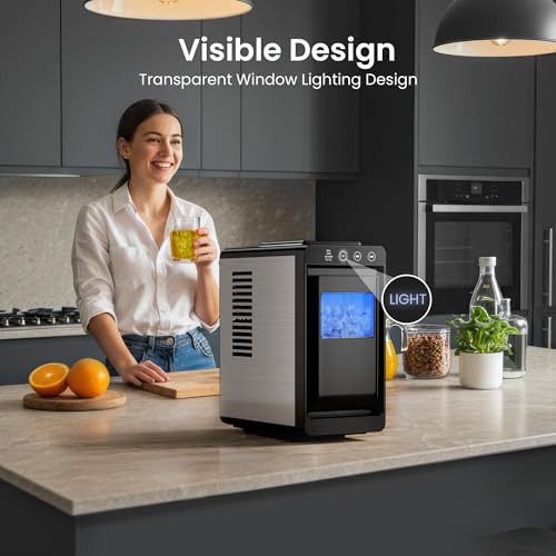 Kismile Portable Countertop Ice Maker Machine, 26lbs Ice in 24Hrs, Self-Cleaning Ice Maker with Selectable Ice Size & Internal Light, Compact Design for Home/Kitchen/RV