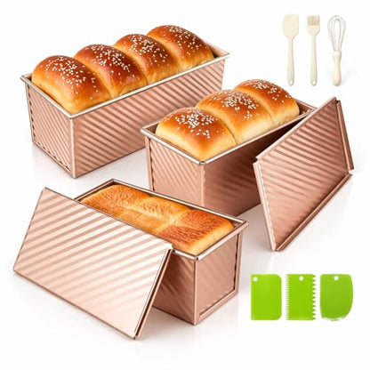 YIWSKJ 3-Pack Bread Pan with Lids, 2.2LB & 1LB & 1LB Dough Capacity, Non-Stick Carbon Steel Pullman Loaf Pan for Baking, Professional Toast Box Mold with Baking Tools - Gold