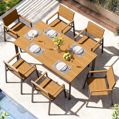 ComfCove Outdoor Dining Set, Aluminum Patio HDPS Outdooor Table and Chairs Set with Umbrella Hole, All Weather Patio Furniture Set, Patio Dining Table Set,Gray & Teak,7 Pieces