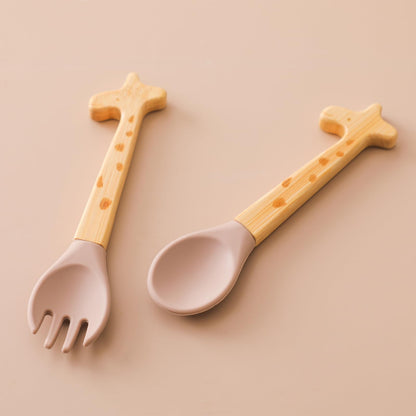 Baby Feeding Spoon, Bamboo Wood and Silicone Baby Fork and Spoon - Soft Curved Silicone Tip Spoons - Suitable for Baby and Toddlers Forked Spoone （Brown Giraffe）