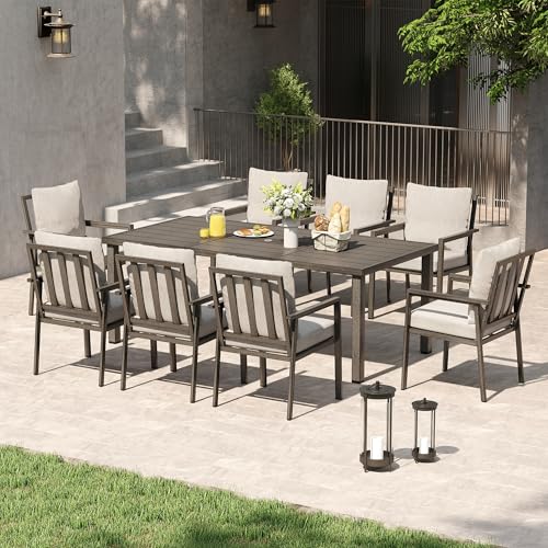 HAPPATIO Patio Dining Set for 8, 9-Piece Outdoor Aluminum Dining Furniture Set, 8 Cushioned Dining Chairs and Table for Deck Yard Poolside, Rust-Proof, Weather-Resistant, Easy Assembly