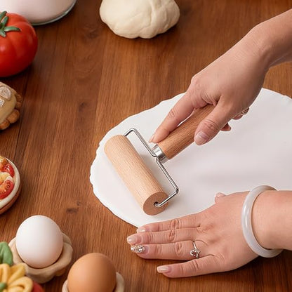 Wooden Dough Roller Large Single Wheel Handheld Rolling Pin for Pastry Pizza Baking Handmade Beechwood Kitchen Tool(6.49 x 4.72Inch)