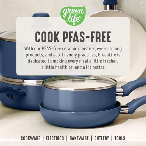 GreenLife 5 Quart Nonstick Stock Pot with Lid, Non-Toxic Ceramic Pot, Dishwasher Safe, Induction Ready, Fast Heating, Stay-Cool Handles, Kitchen Casserole, Soup, Pasta, Easy Clean, Slate Blue