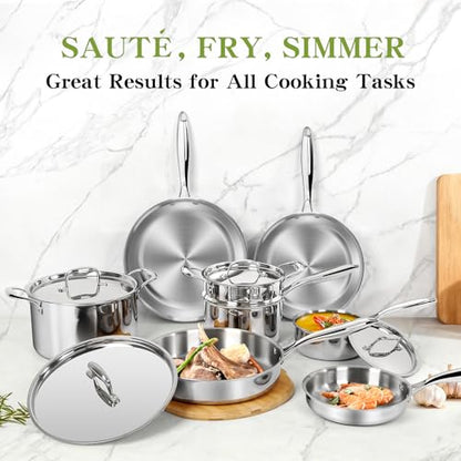 Triple Ply Stainless Steel Pots and Pans Set, EWFEN 12 Piece Induction Cookware Set, Oven Dishwasher Safe | Frying Pans, Saucepans, Saute Pan & Stock Pot, PFOA Free Kitchen Skillet