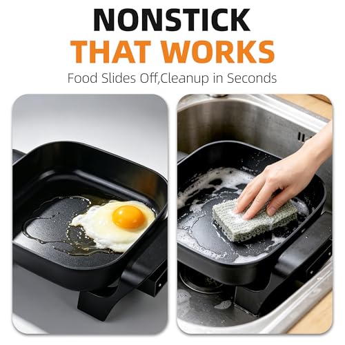 I-Keukenn 8" Electric Skillet with PFAS-Free Non-Stick Ceramic Coating, Removable Electric Frying Pan with Adjustable Temperature, Reversible Design, Tempered Glass Lid, Black