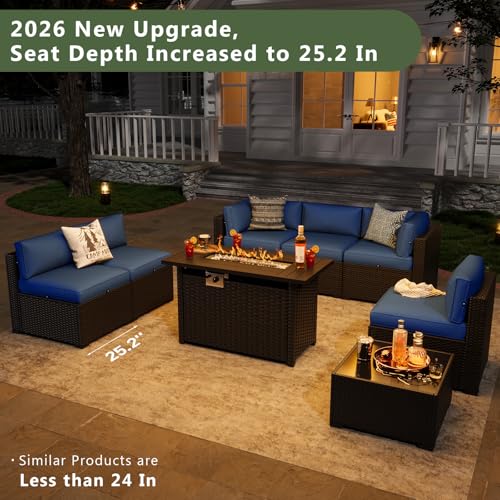 Aoxun 8 Piece Patio Furniture Set with 44” Fire Pit Table, Wicker Patio Sectional Sofa, Outdoor Furniture Set with Thickened Cushion, Blue