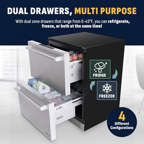 NewAir 24” Dual Zone Outdoor Beverage Fridge and Freezer | Freestanding or Built-In Under counter Refrigerator for Outside Patio | Dual Drawers that Refrigerate and Freeze | Stainless Steel