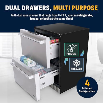 NewAir 24” Dual Zone Outdoor Beverage Fridge and Freezer | Freestanding or Built-In Under counter Refrigerator for Outside Patio | Dual Drawers that Refrigerate and Freeze | Stainless Steel