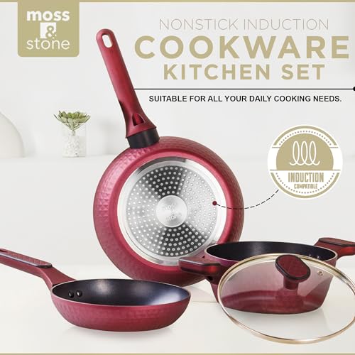 Moss & Stone 4 Piece Nonstick Cookware Set, Small Pots And Pans Set Non stick With Glass Lid, Induction Cookware, Stay Cool Handle, PTFE/PFOA, Kitchen Cookware 4-Piece with Frying Pans Set & Saucepan