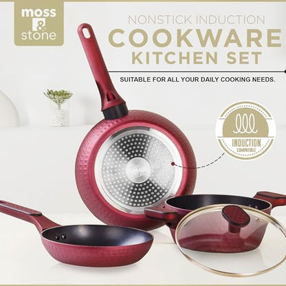 Moss & Stone 4 Piece Nonstick Cookware Set, Small Pots And Pans Set Non stick With Glass Lid, Induction Cookware, Stay Cool Handle, PTFE/PFOA, Kitchen Cookware 4-Piece with Frying Pans Set & Saucepan