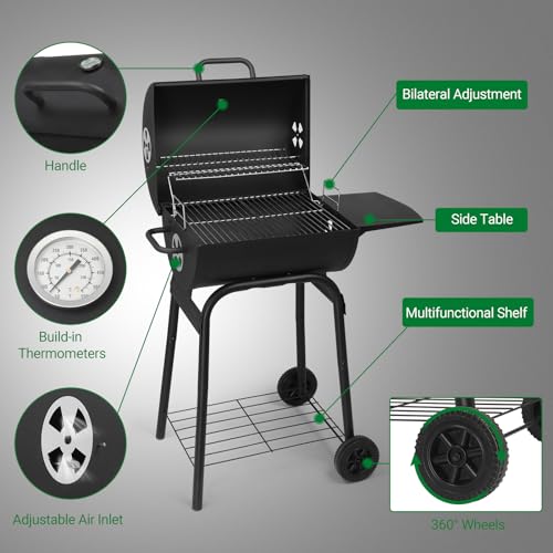 VINGLI Barrel Charcoal Grill with Side Table, BBQ Grill Outdoor Smoker Grill with Wheels for Party Garden Patio and Backyard Cooking 33.9"D x 20.5"W x 40.6"H