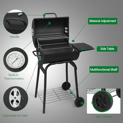 VINGLI Barrel Charcoal Grill with Side Table, BBQ Grill Outdoor Smoker Grill with Wheels for Party Garden Patio and Backyard Cooking 33.9"D x 20.5"W x 40.6"H