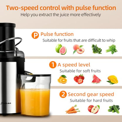 Panana Centrifugal Juicer Extractor with Wide Mouth 2.5” Feed Chute for Fruit Vegetable, Easy to Clean, Stainless Steel, BPA-free (Silver)