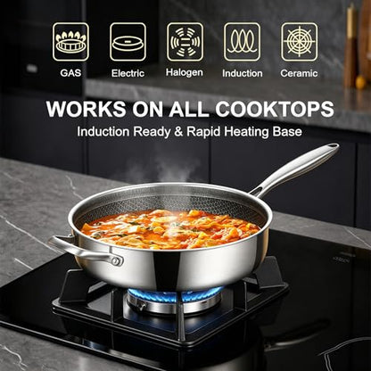 Inqibee 5 QT Hybrid Nonstick Saute Pan with Lid, Long Handle Tri-Ply Stainless Steel Skillet, 12 Inch Deep Frying Pan, PFOA & PFOS Free, Induction Compatible, All Cooktops, Oven & Dishwasher Safe