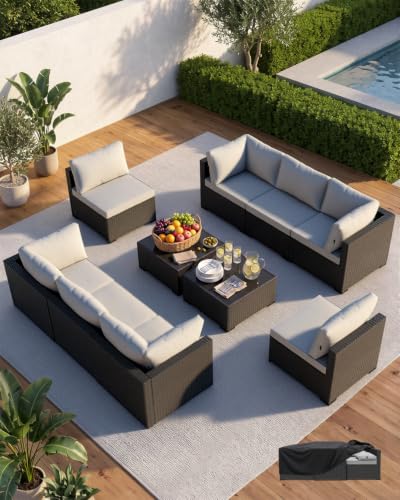 WWR Patio Furniture Set 10 Piece - All-Weather - Wicker Rattan Patio Outdoor Conversation Set, Modular Sectional Sofa for Backyard, Garden, Poolside, Balcony, Porch, Patio, Black/Light Gray