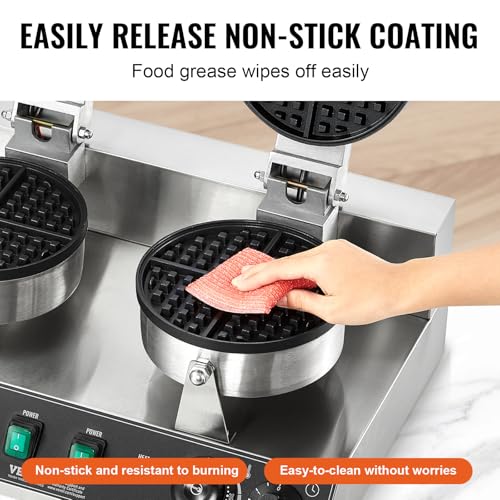 VEVOR Commercial Waffle Maker, Dual-Head Round Waffle Baker Machine, 2460W Non-Stick Stainless Steel Belgian Waffle Iron with Temp and Time Control, Handle, for Restaurant Bakery Snack Bar Family