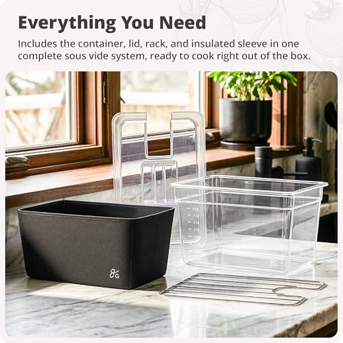 Greater Goods Sous Vide Container 12 Qt with Stainless Steel Rack, Insulation Sleeve, and Lid, (Onyx Black)