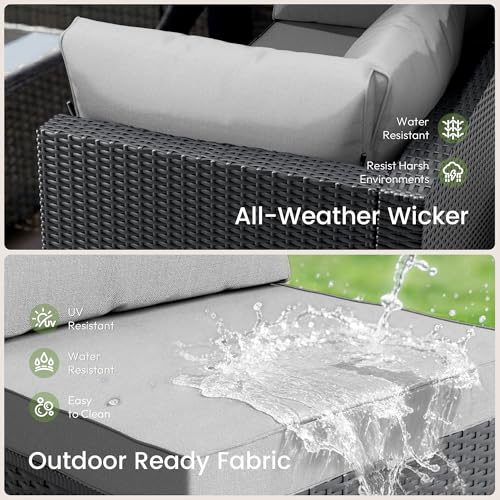 LAWNOOK Patio Furniture Set - All-Weather - 7 Piece Patio Outdoor Conversation Set, Modular Wicker Rattan Sectional Sofa for Backyard, Garden, Poolside, Balcony, Porch, Patio,Black/Light Gray