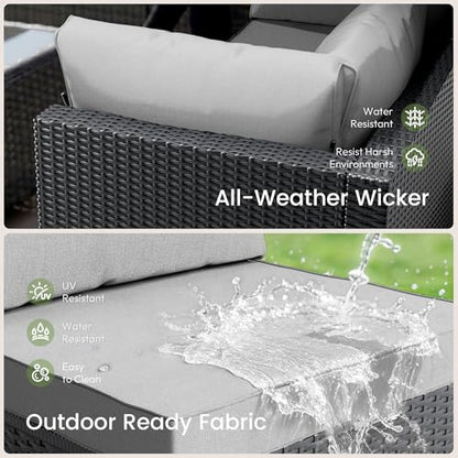 LAWNOOK Patio Furniture Set - All-Weather - 7 Piece Patio Outdoor Conversation Set, Modular Wicker Rattan Sectional Sofa for Backyard, Garden, Poolside, Balcony, Porch, Patio,Black/Light Gray