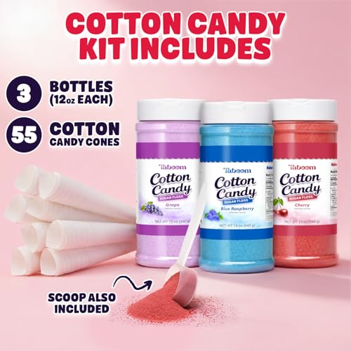 Cotton Candy Sugar Floss Variety Pack - Grape, Raspberry & Cherry Flavors, 3 Bottles (12oz Each) Includes 55 Cotton Candy Cones for Home & Commercial Cotton Candy Machines, Parties, Carnivals & Events