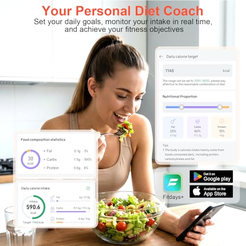 Smart Kitchen Food Scale with Nutritional Calculator, Calories, Fat, Carbs & Protein Tracker, Digital Kitchen Scale for 9999+ Foods, Healthy Diet, Food Preload, Personal Goals, Free App, 11 lb-01