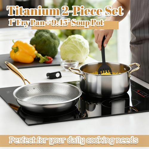 LemonRoad 2 Pieces Titanium Cookware Set, 11'' and 9.45'' Pots and Pans with Lids Triply Titanium No Coat Technology Safe for Oven, Induction and Cook Tops, Dishwasher Safe (Pan and Soup Pot)