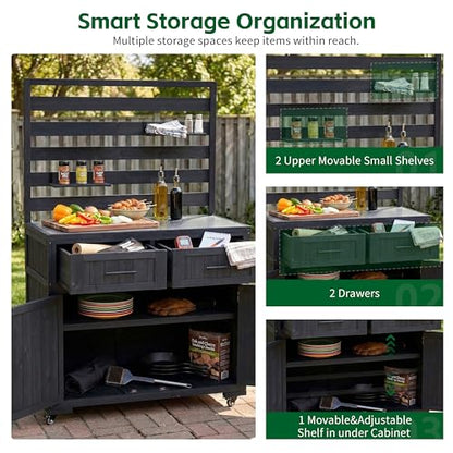 Oevsld 64.9" Farmhouse Wood Outdoor Cabinet with Stainless Steel Tabletop, Large Kitchen Island on Wheels with Hutch, Prep Station for Big Green Egg, BBQ Grill Table & Garden Work Bench