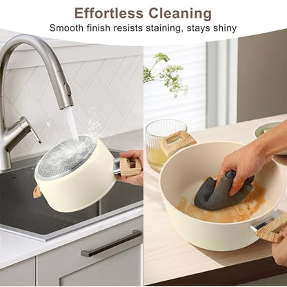 FAB&DELUXE 11Pcs Nonstick Cookware Set, Aluminum Nonstick Pots and Pans with Lids & Wooden Handles, Silicone Spoons & Spatulas, Non-toxic Healthy Kitchen Cooking Sets, PFAS & PFOA Free