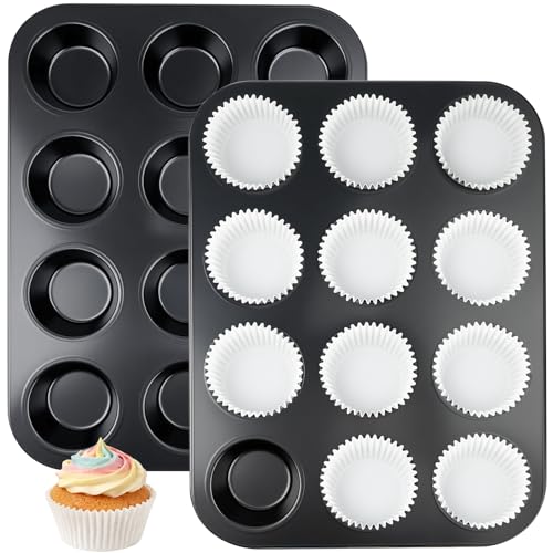 Smile Tree Muffin Pan & Cupcake Pan, 2 Pack 12-Cup Muffin Tin for Baking with 120 Cupcake Liners, Nonstick Heavy Duty Carbon Steel Cupcake Tins, Scratch Resistant Baking Pans Set for Family & Party