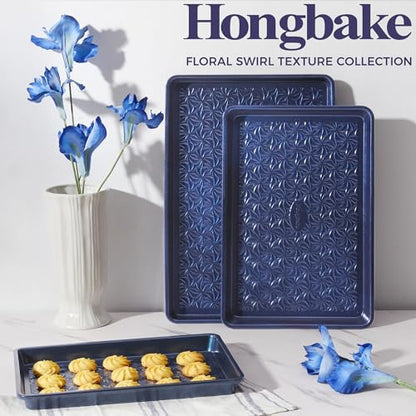 HONGBAKE Nonstick Baking Sheet Pan Set of 3, Cookie Sheets for Oven, Non-Toxic Half/Quarter/Jelly Roll Pans with Floral Swirl Texture, Heavy Duty 0.8mm Thick Oven Trays for Cooking, Blue