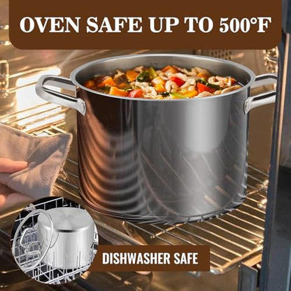 Rorence Stainless Steel Stock Pot, Tri-Ply Base Large Pot Induction Cooking Pot with Lid for All Stoves, Oven & Dishwasher Safe, 8-Quart