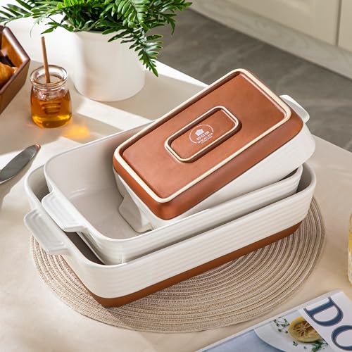 MALACASA Casserole Dishes for Oven, Ceramic Baking Dishes Set of 3, Baking Pan Casserole Dish Set, Rectangular Lasagna Pan Deep with Handles for Baking, Khaki White (14.5''/13''/10.5''), Series TARA