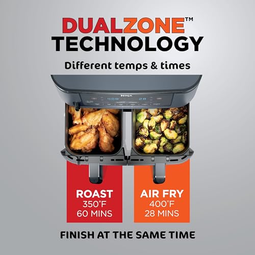 Ninja Foodi Air Fryer w/Smart Cook Thermometer | 6-in-1 Air Fry, Roast, Bake, Dehydrate & More | DualZone™ Match Cook & Smart Finish, 2 Independent Baskets | XL 10 Qt, Stainless Steel | Grey,DZ550GY