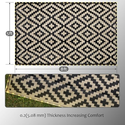 SAND MINE Reversible Mats with Led Strip Lights, Plastic Straw Rug, Modern Area Rug, Large Floor Mat for Outdoors, Patio, Backyard, Deck, Picnic, Camping, Black & Beige, 5' x 8'