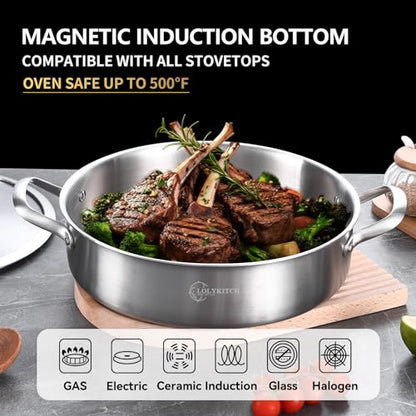 LOLYKITCH 8 Quart Stainless Steel Sauté Pan with Lid, Extra Large Deep Skillet, 13 Inch Triply Braiser Pot with Double Handles, Induction Jumbo Cooker for Family Meals, Oven Safe, 6-12 Servings