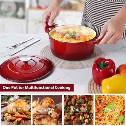 LIANYU 3QT Enameled Cast Iron Dutch Oven, Heavy Duty Round Pot with Lid, Nonstick Interior, Oven Safe to 500°F, Even Heat Distribution, Sourdough Bread Baking & Braising, Stews, Red
