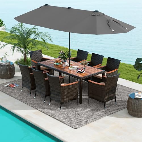 Tangkula 11 Pieces Patio Dining Set with 15ft Double-Sided LED Patio Umbrella (Base Included), Outdoor Rattan Furniture Set with 8 Stackable Chairs, Acacia Wood Dining Table and Umbrella (Gray)